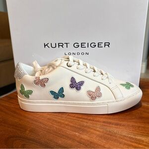 Kurt Geiger Cream Sneakers with Rhinestone Rainbow Butterflies Women’s Size 8.5